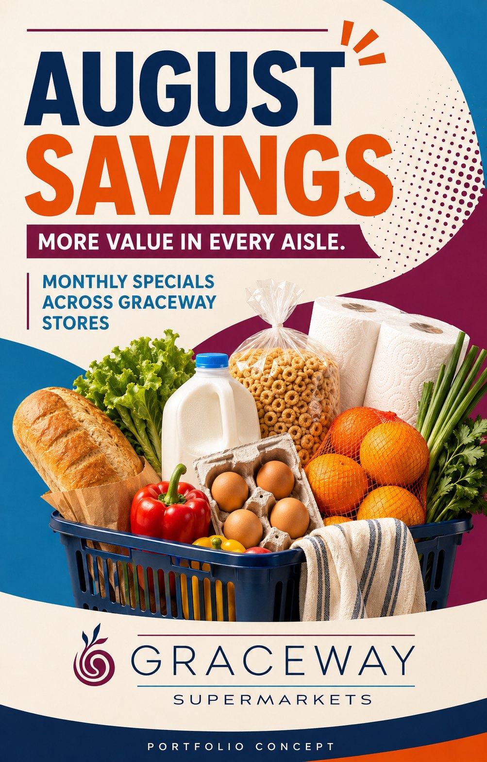 August Savings campaign design with a full grocery basket
